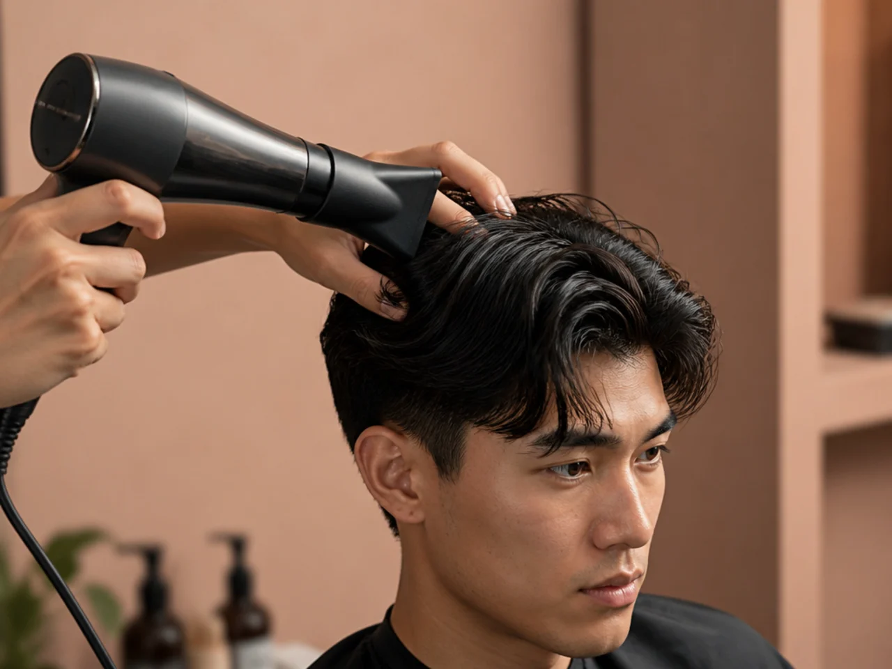 Blow-drying medium middle part forward with a nozzle attachment