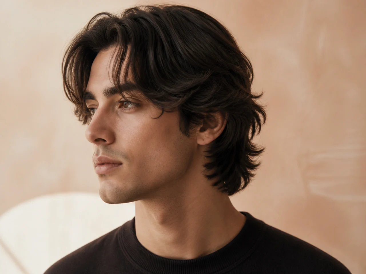 Medium comma hair with layered forward-swept fringe curling into two comma shapes