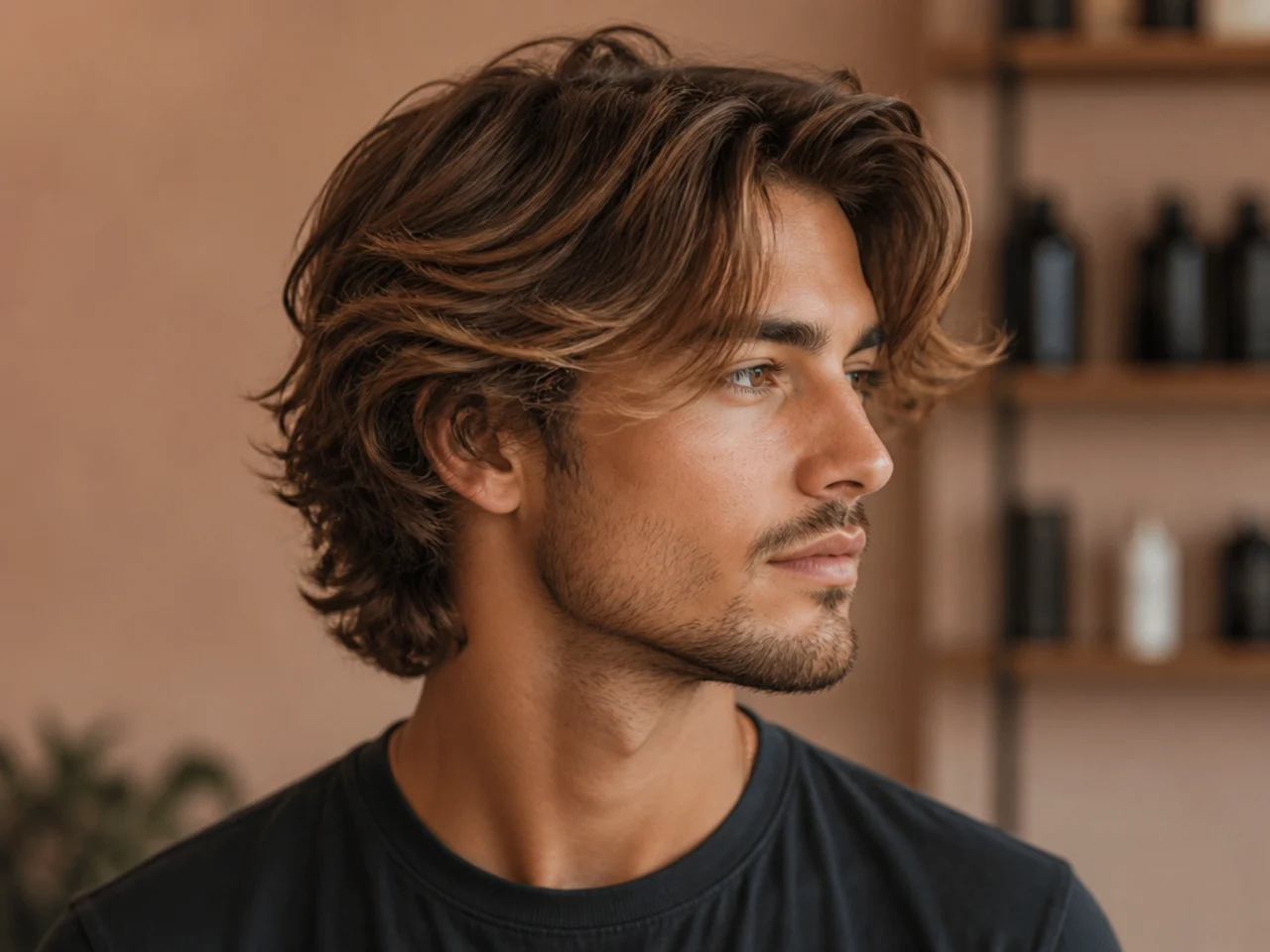 Layered surfer cut with tousled beachy waves and scissor-blended sides