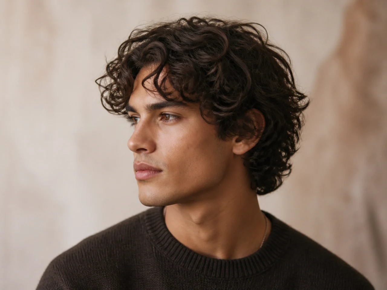 Layered curly medium cut with defined 3B curl and low taper fade