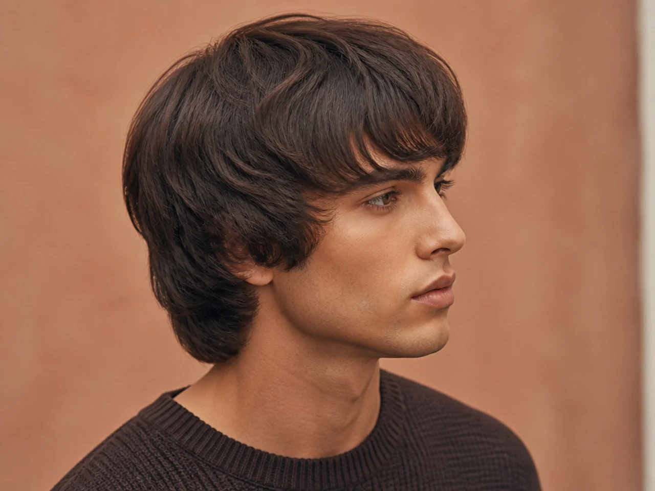 Layered mod cut with rounded crown, soft brow fringe, and scissor-blended sides