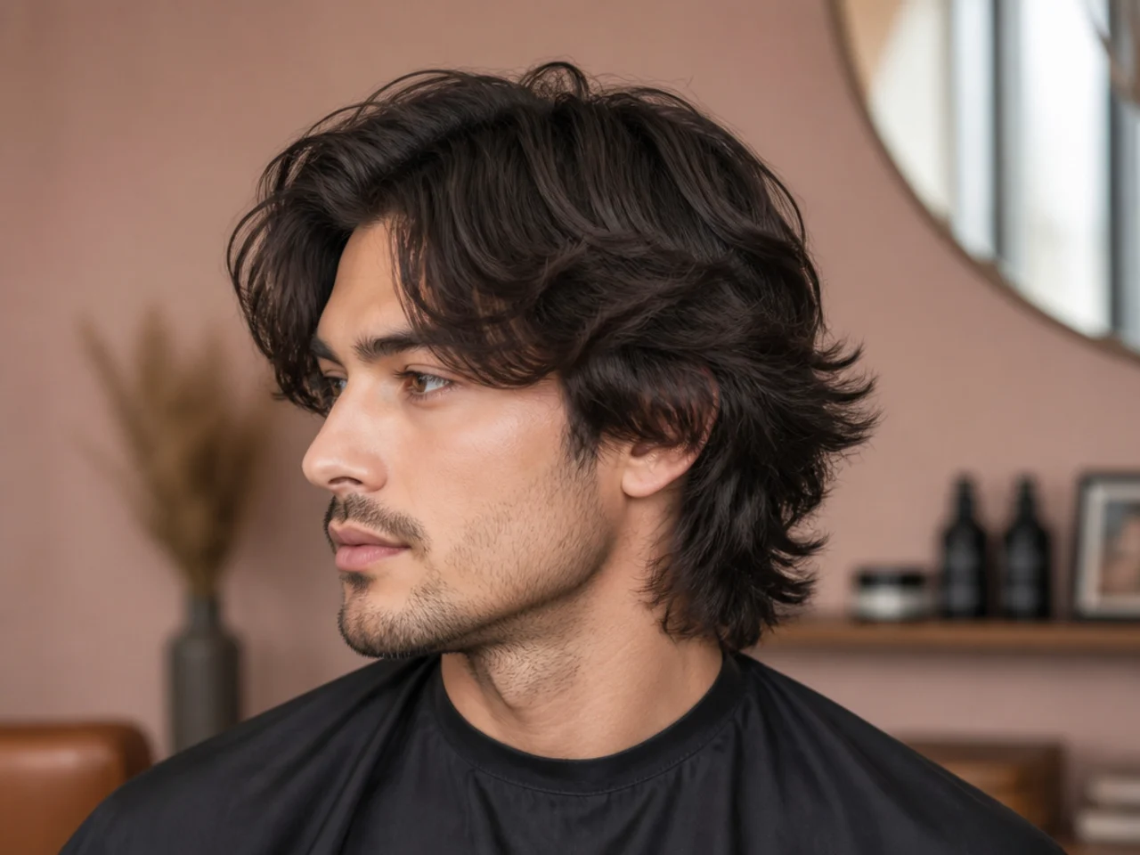 Feathered mid-length shag with heavy internal layering and curtain fringe
