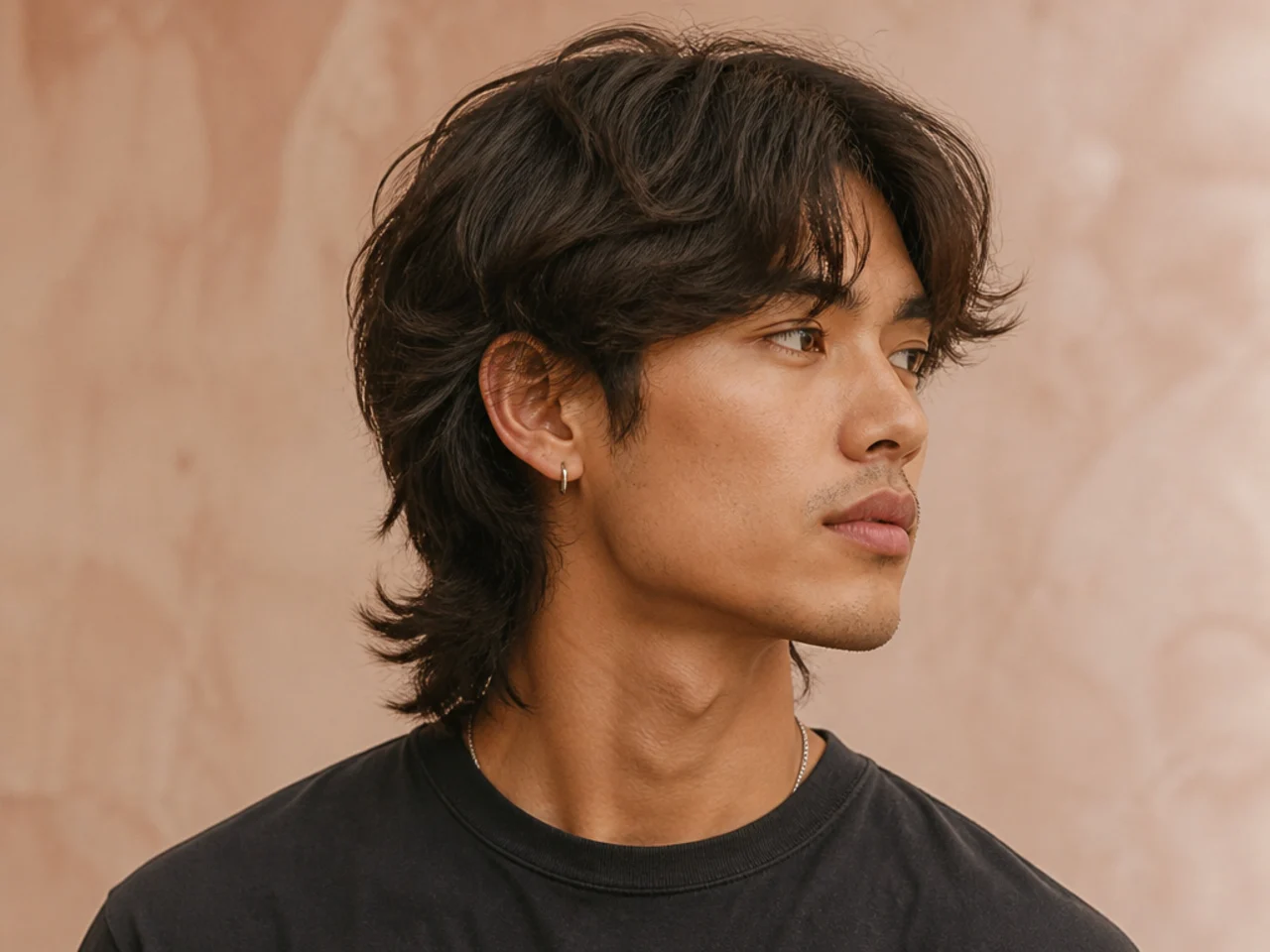 Medium wolf cut with heavy crown volume and face-framing layers to cheekbone