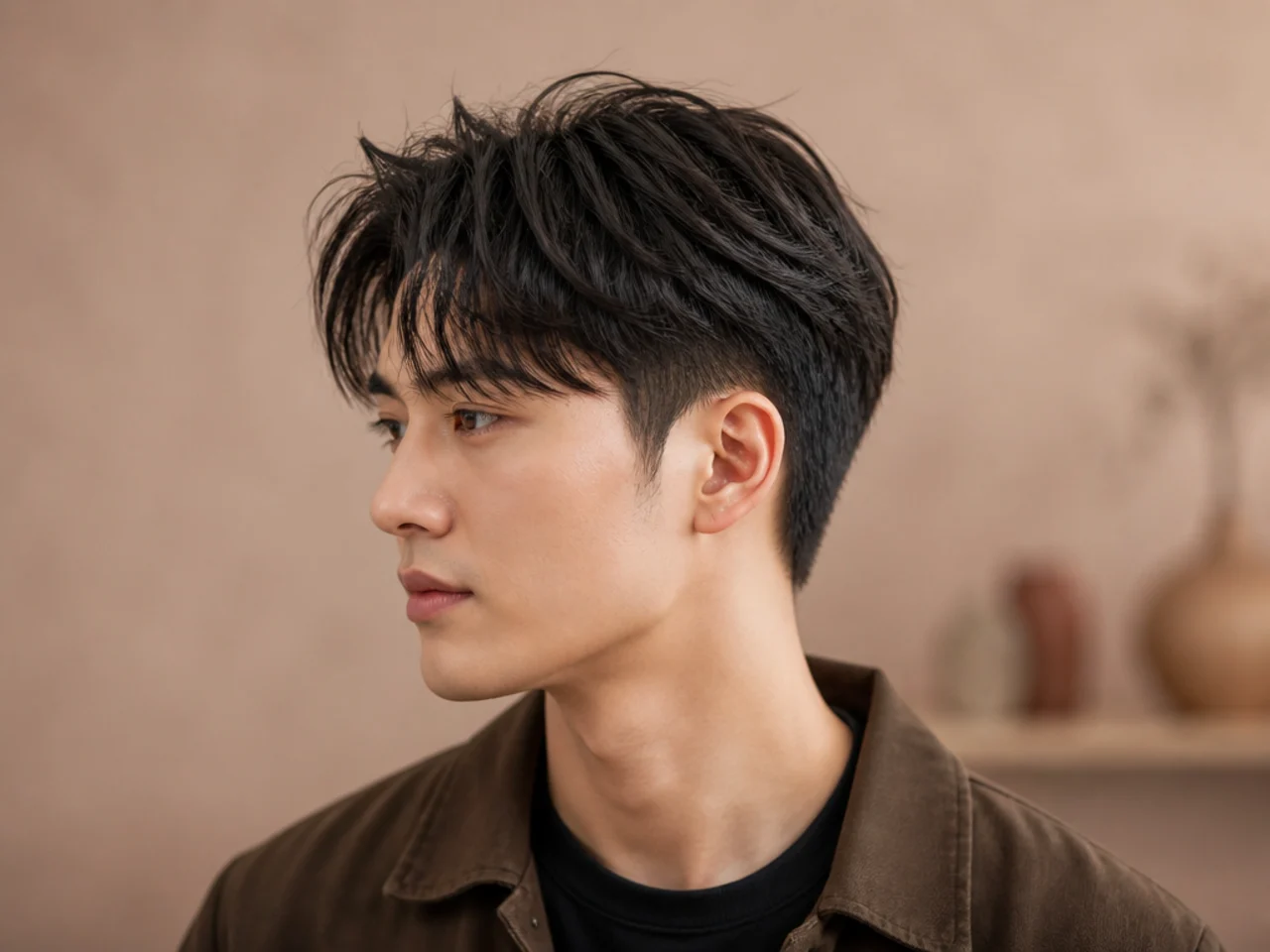 Layered two block haircut with long feathered top over clipper-cut short sides
