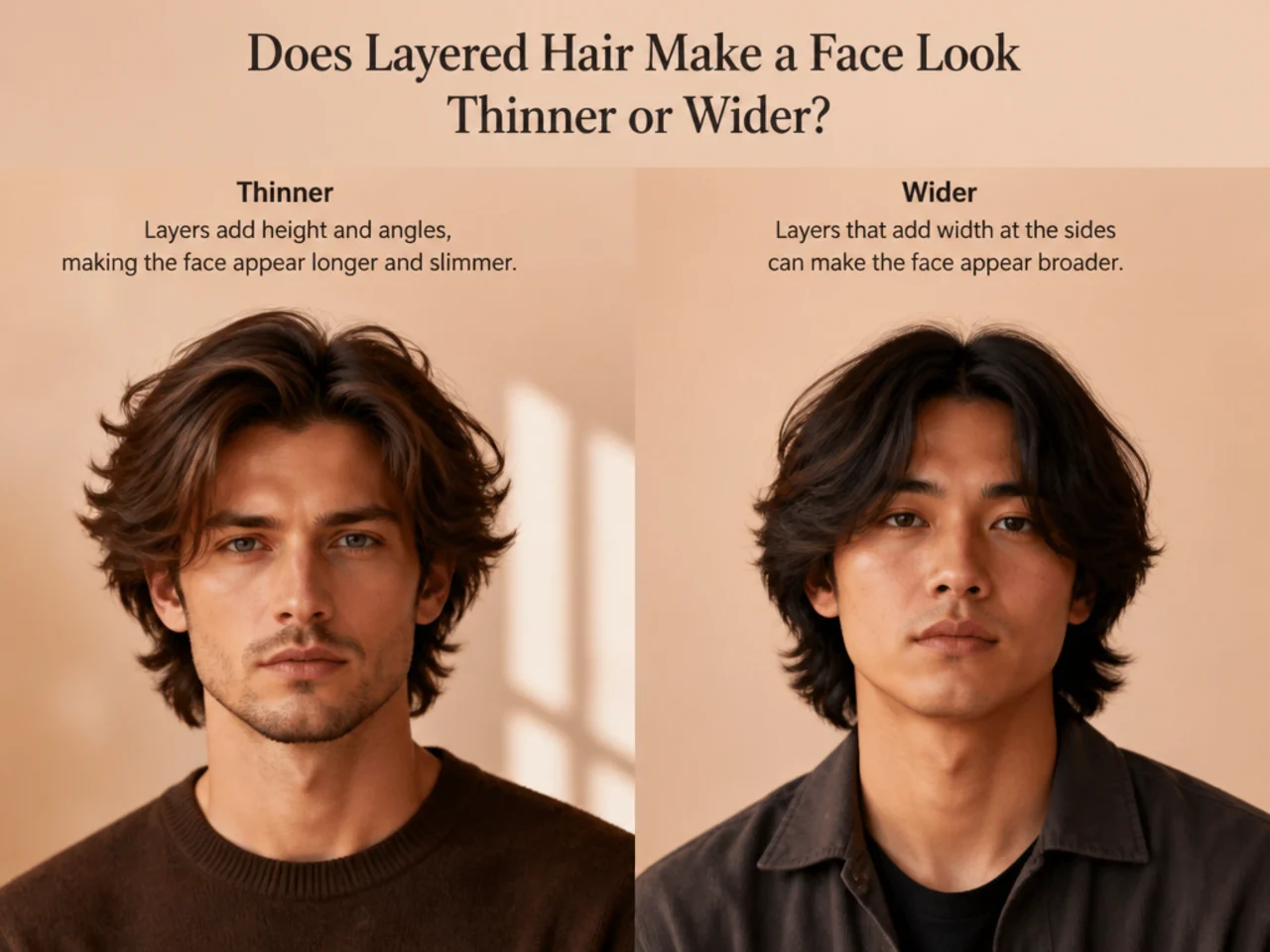 Layered medium haircut showing how vertical and horizontal shapes affect face proportion