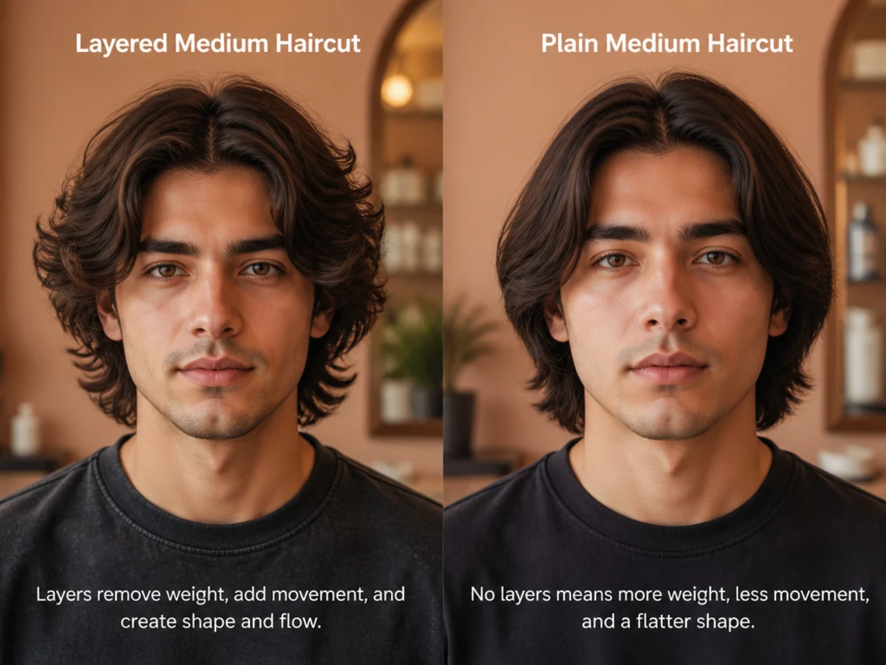 Comparison between a layered medium haircut and a single-length medium haircut