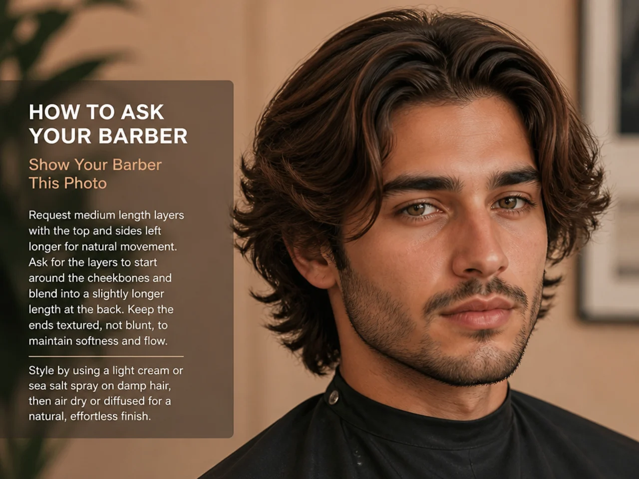 Man showing his barber a phone photo of a layered medium length haircut