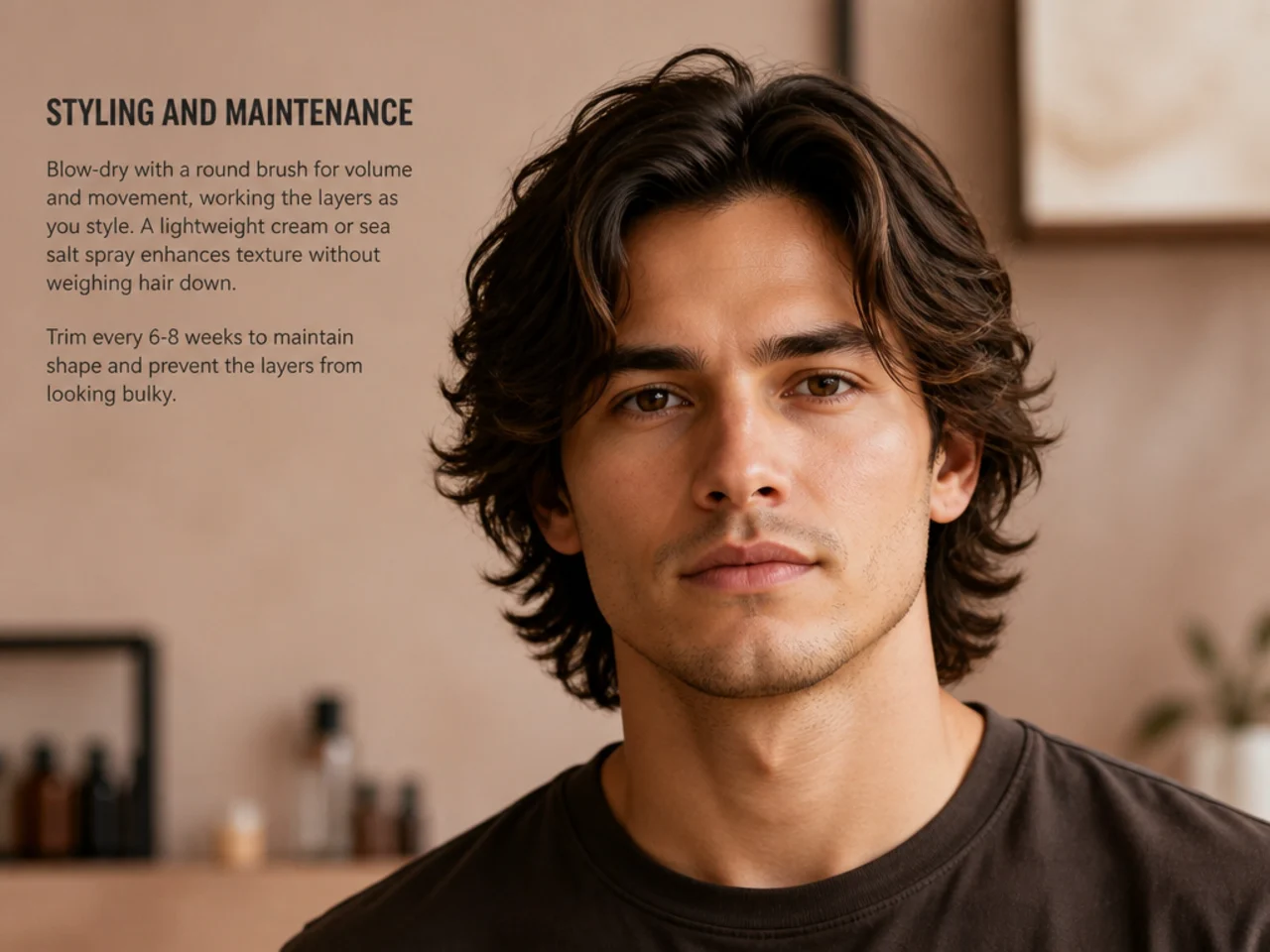 Men's hair styling products for layered medium length cuts including matte clay, sea-salt spray, and cream