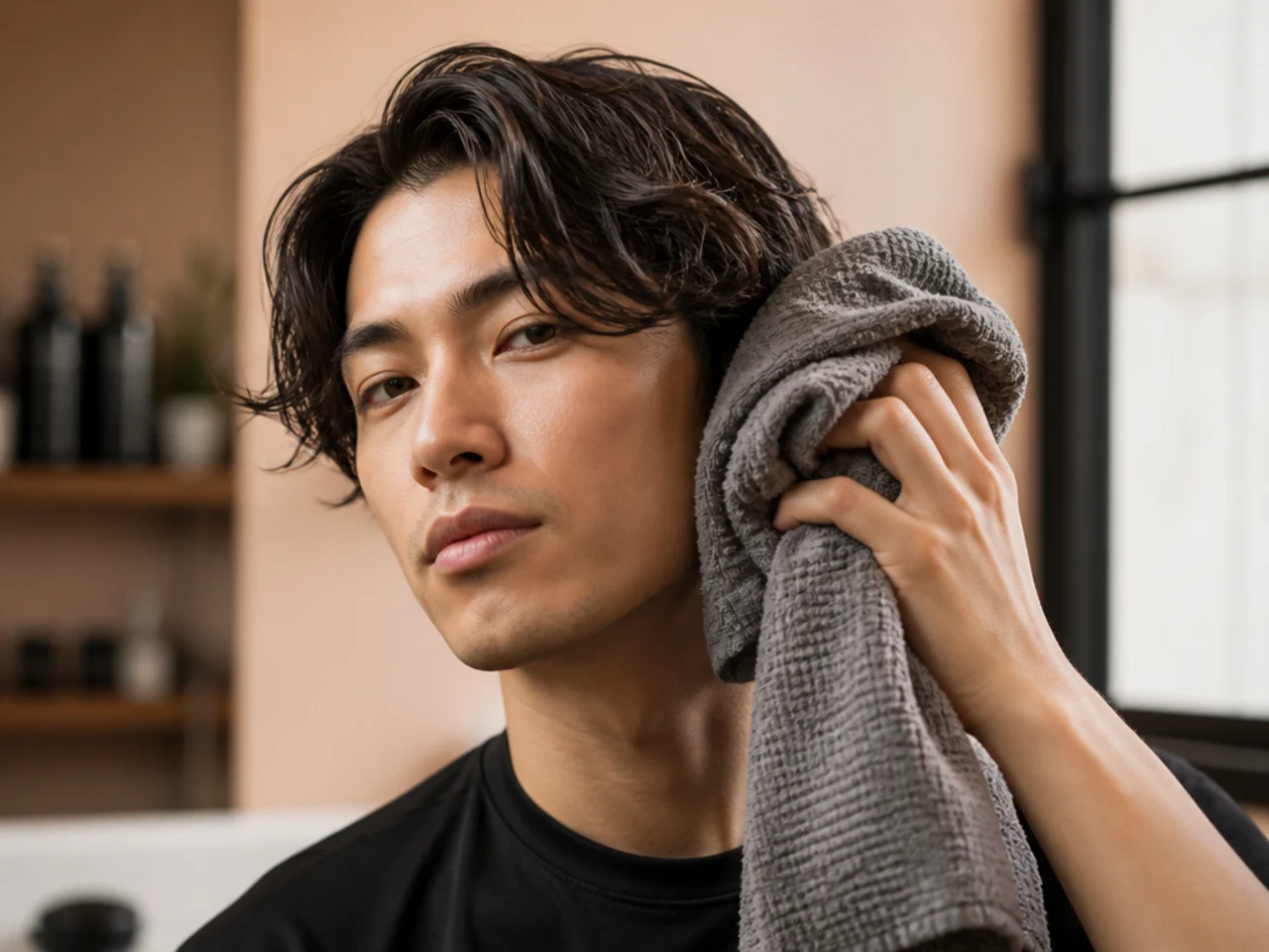 Man rough-drying medium-length layered hair with a microfiber towel, hair still damp not dripping