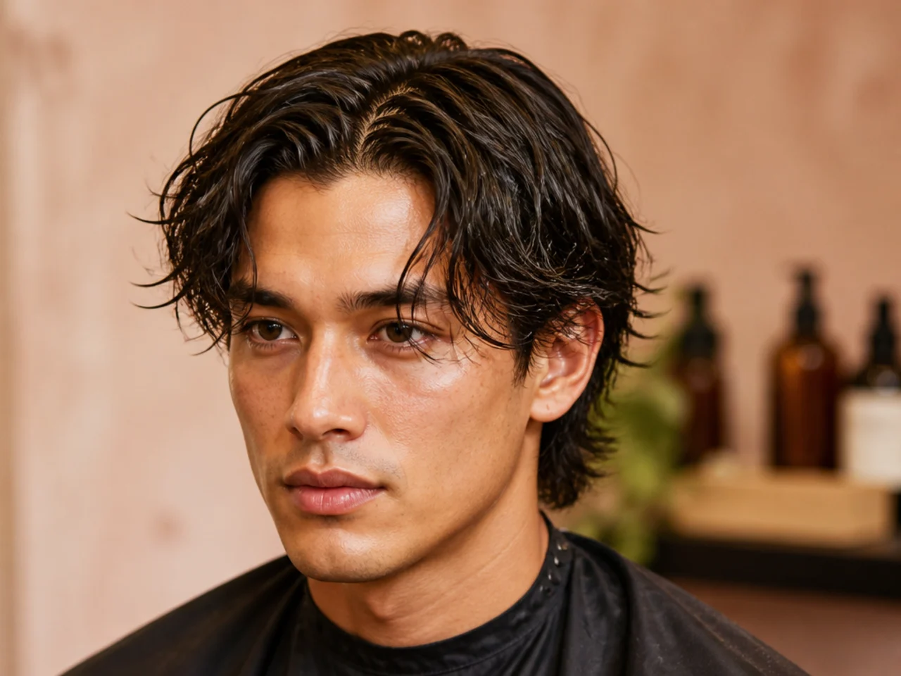 Man spraying sea-salt spray through the mid-lengths of a damp medium-length middle part cut