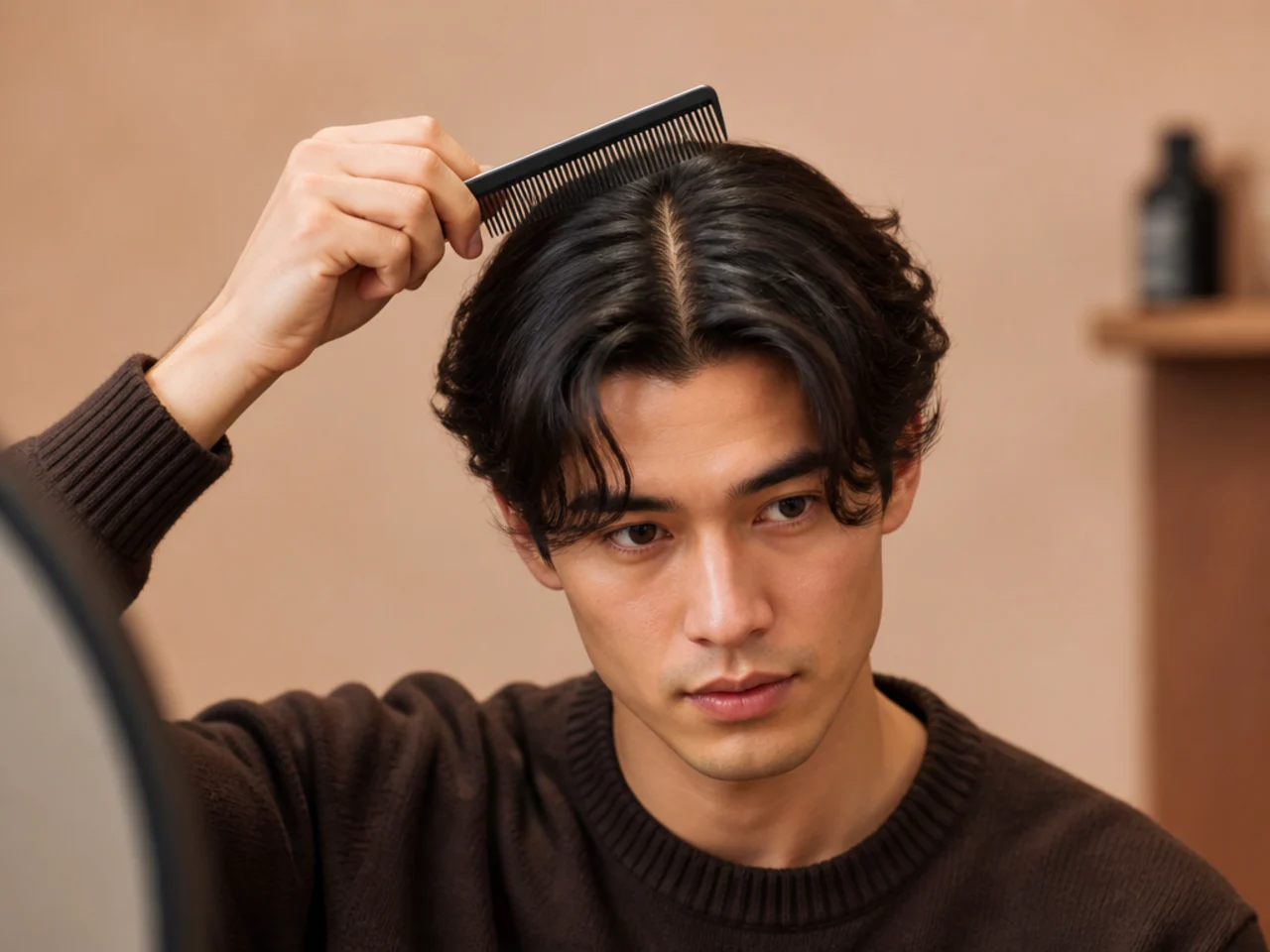 Man combing a center part with a wide-tooth wooden comb, part lined up with the middle of the nose