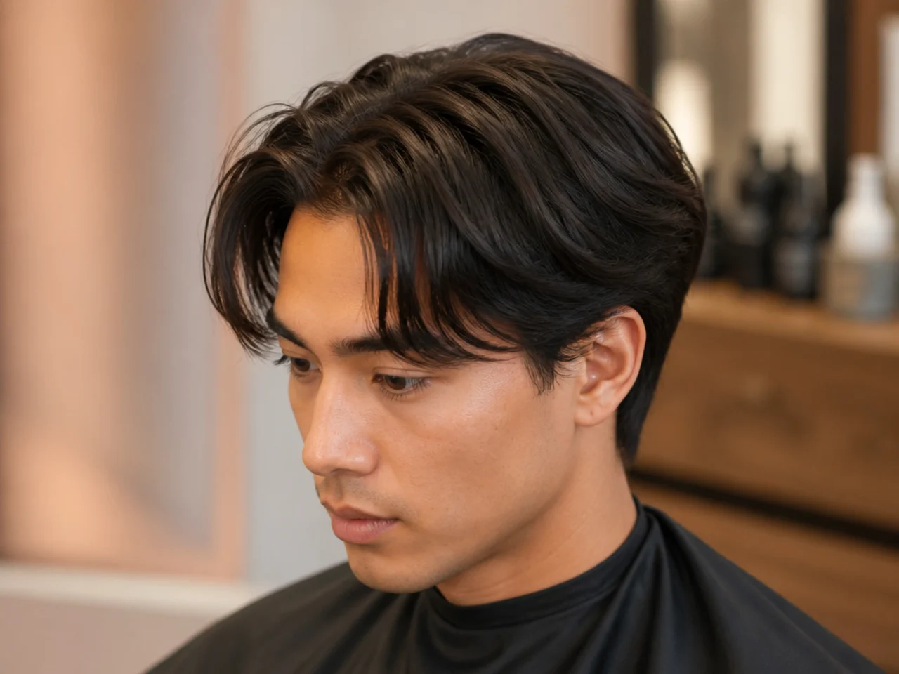Man blow-drying a middle part with the nozzle angled down the shaft and head tipped slightly forward