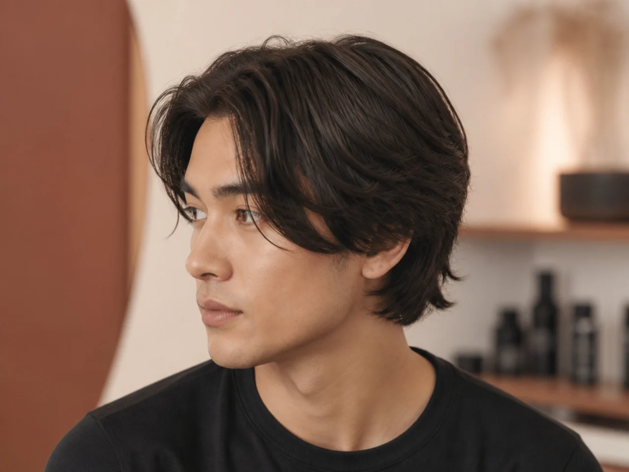 Man warming matte styling clay between palms before applying to the ends of a middle part