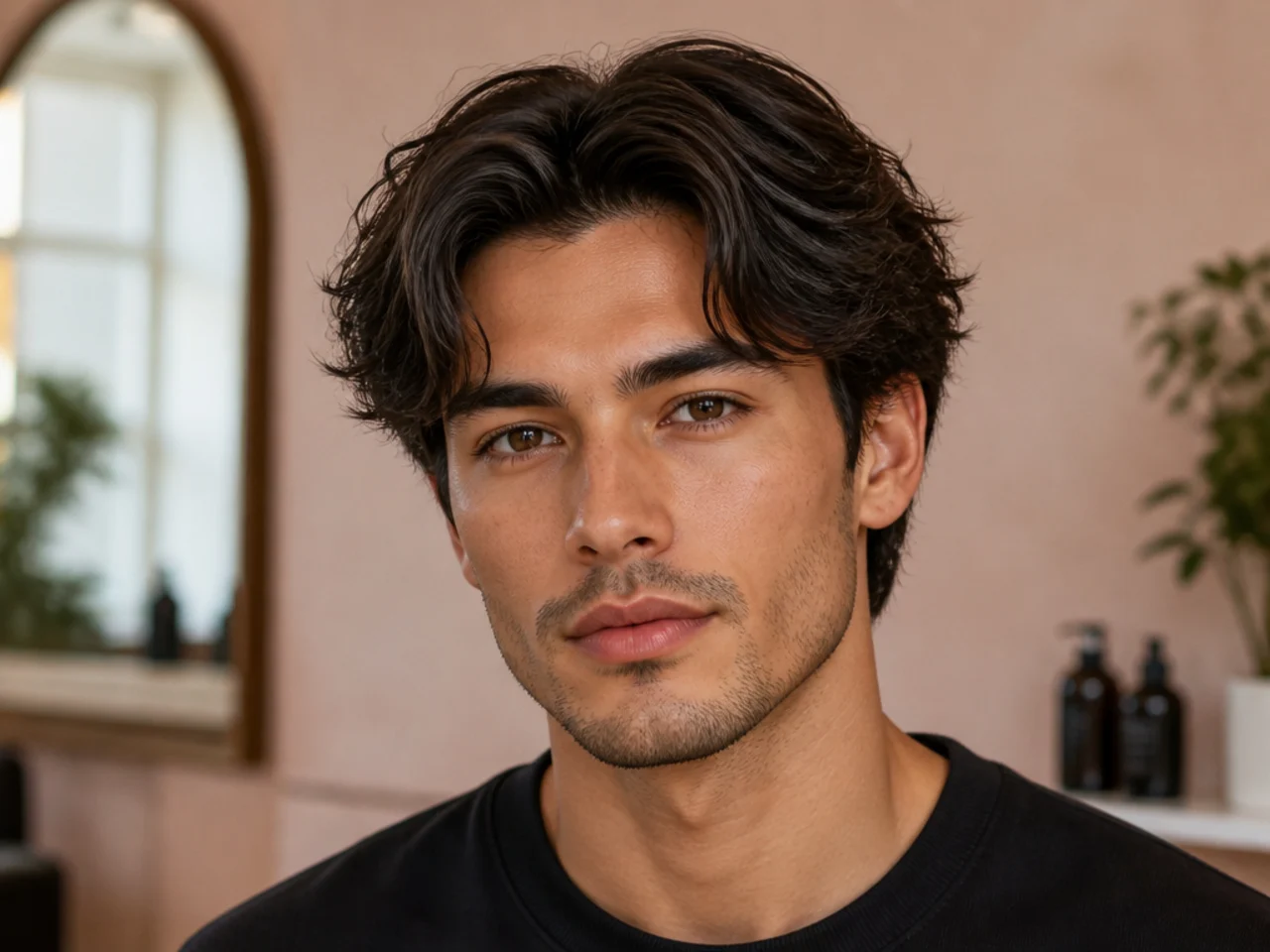 Man misting light-hold texture spray from twelve inches away over a finished middle part
