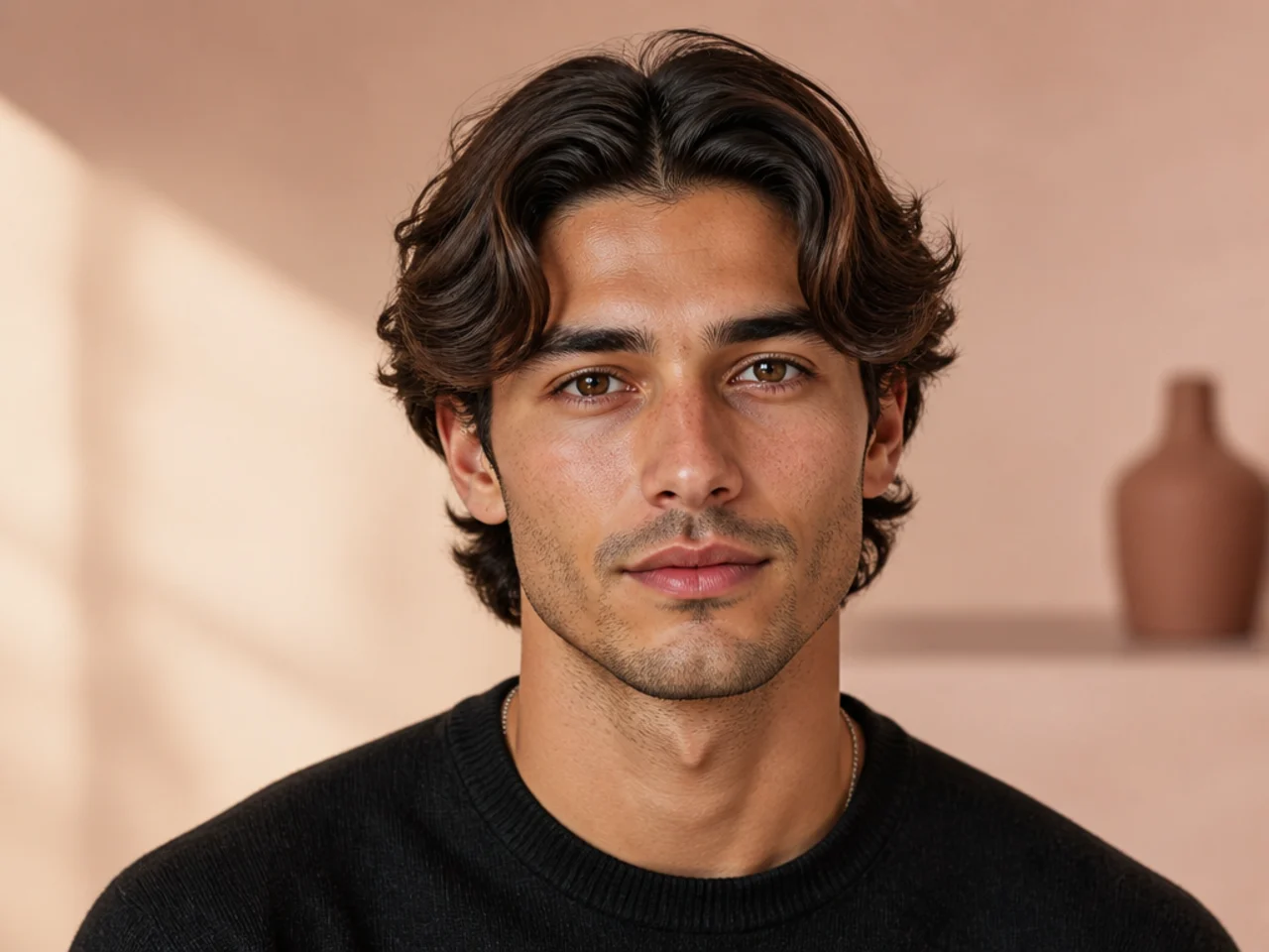 Stylist demonstrating the seven-step middle part routine on a client with medium-length layered brown hair