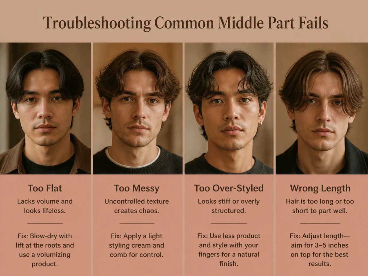 Split-frame comparison of a well-styled middle part versus a collapsed one showing common mistakes