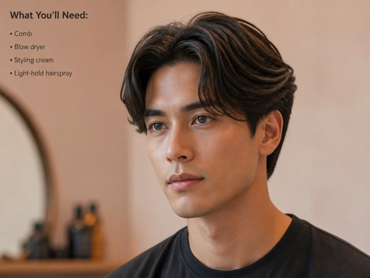 Flat-lay of middle part styling products — matte clay, wave cream, sea-salt spray, wide-tooth comb, blow-dryer nozzle, microfiber towel