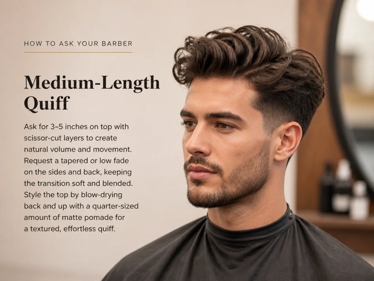 Barber consultation for a medium quiff with reference photo and clipper guards on the counter