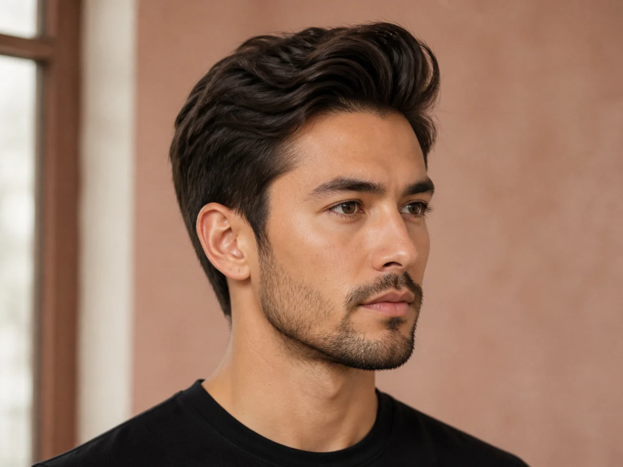 Classic medium quiff — 5-inch pomaded front swept up and back over scissor-tapered sides