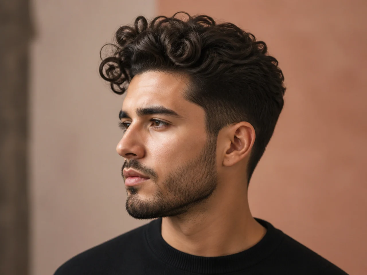 Curly medium quiff — 5-inch curls stretched at the front with tapered sides