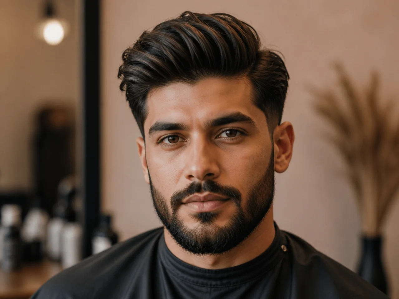 Medium quiff paired with a full trimmed beard framing an oval face
