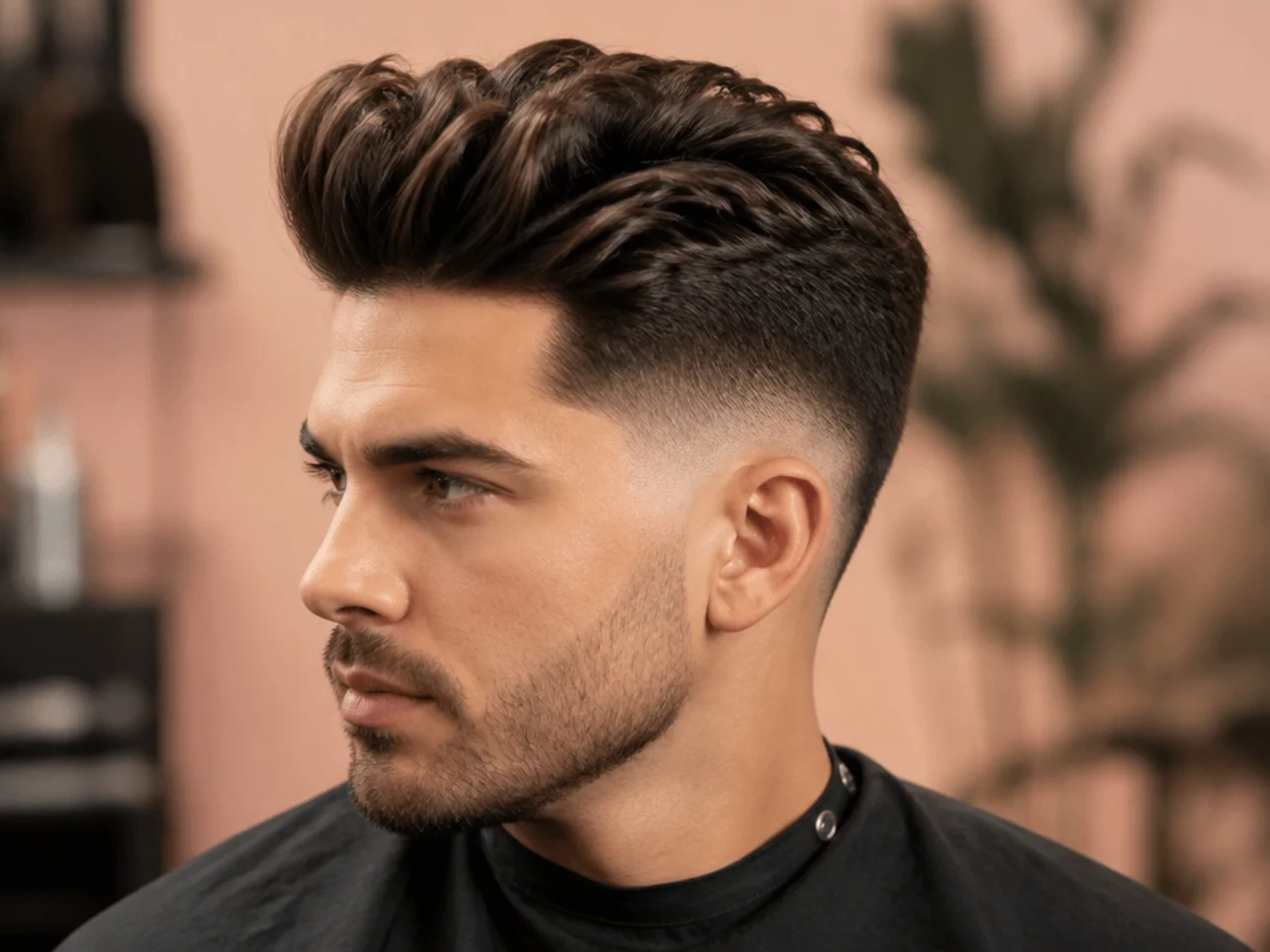 Medium quiff with burst fade — 5-inch top with rounded burst of clipper work wrapping the ear