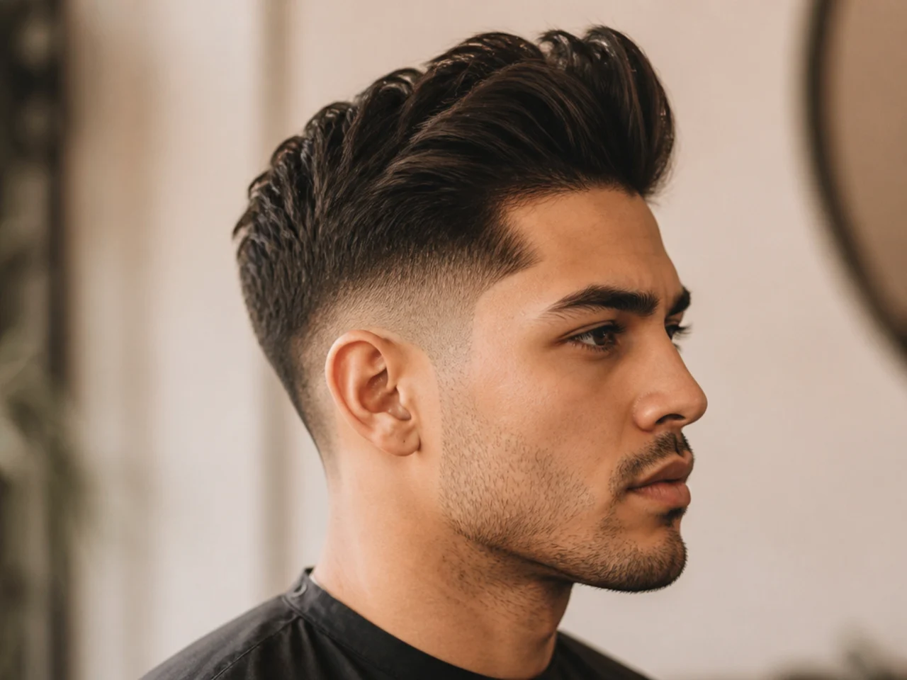 Medium quiff with drop fade — 5-inch top with fade that curves down behind the ear