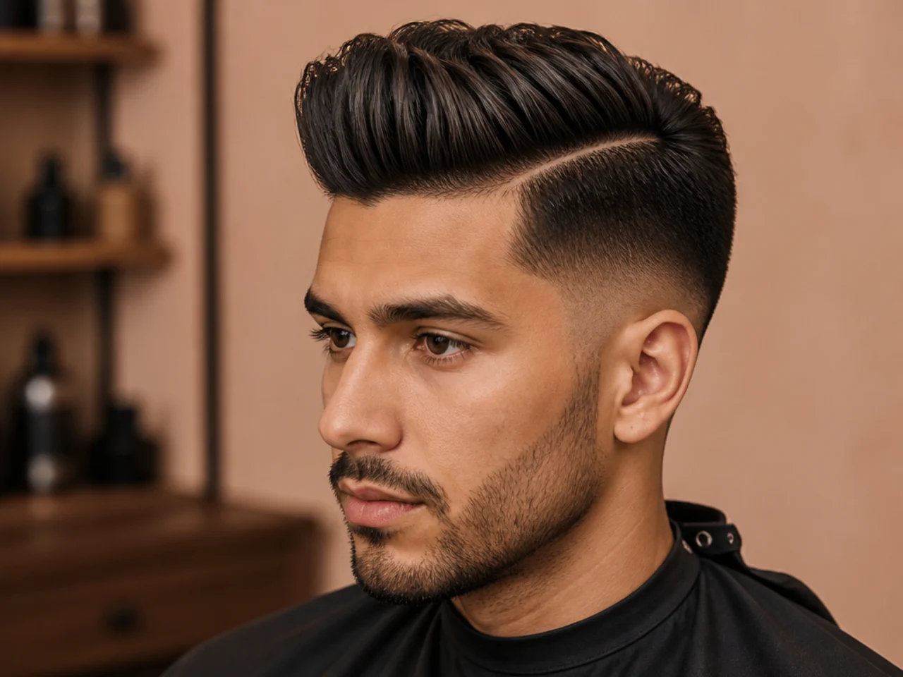 Medium quiff with hard part — razor-drawn line separating a 5-inch pomaded top from tapered sides