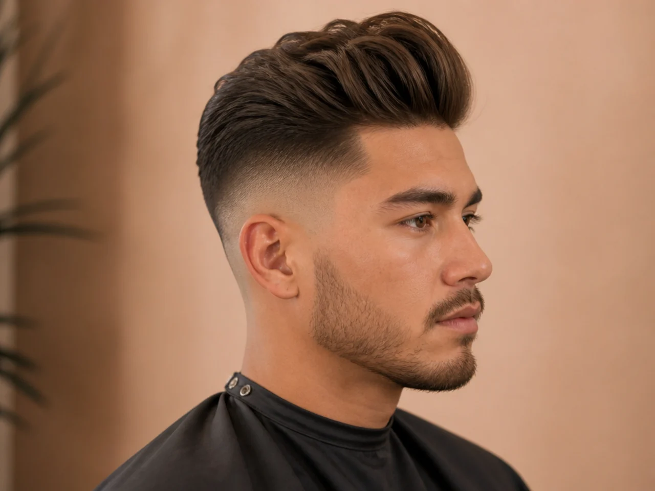 Medium quiff with high skin fade — 5-inch top with dramatic contrast against skin-close sides