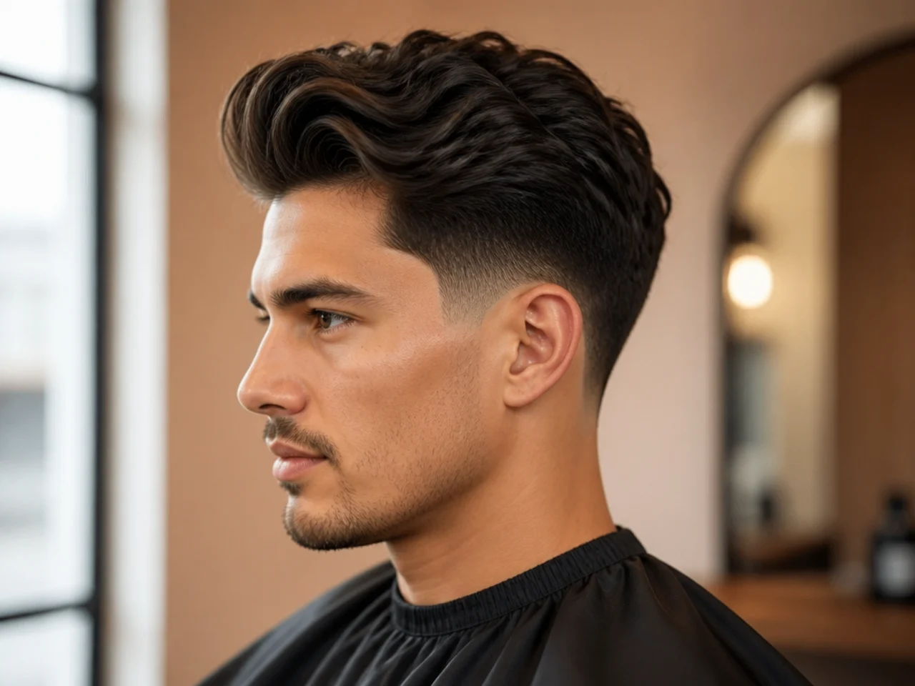 Medium quiff with low taper fade — 5-inch top over sides that taper close only near the ear