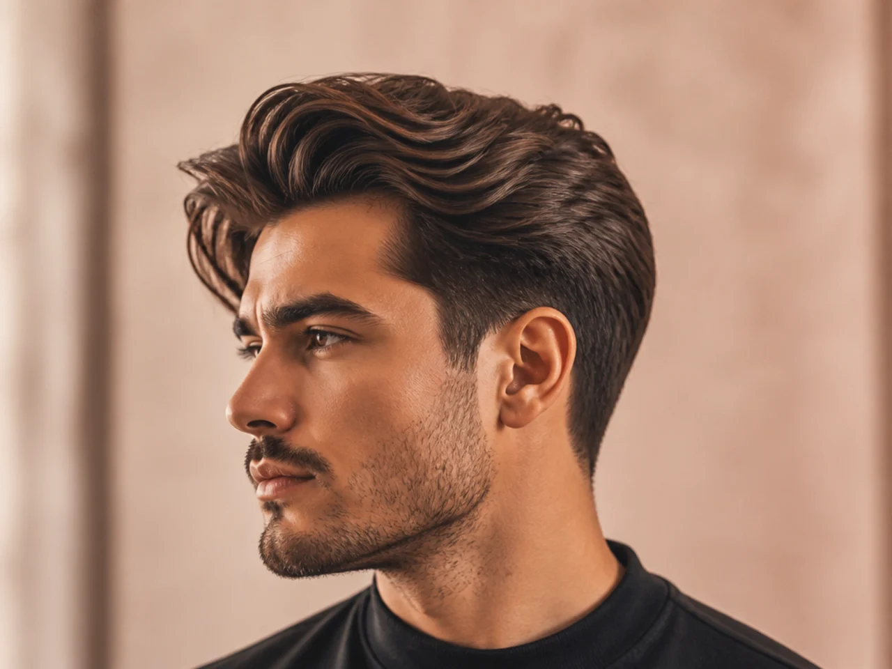 Side-swept medium quiff — 5-inch top with off-center part and hair swept across the head