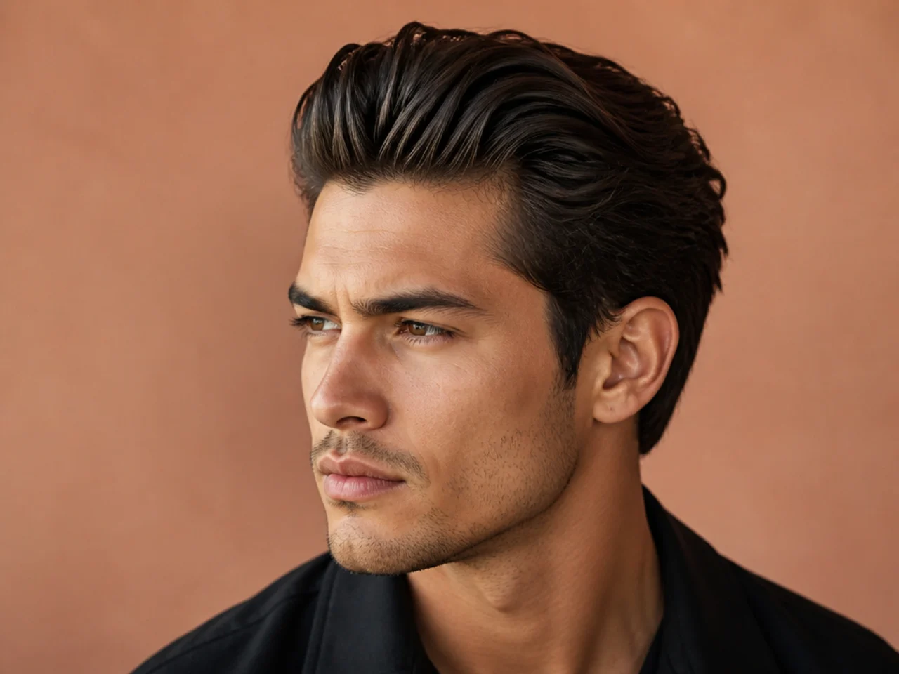 Slick-back medium quiff — 5-inch top combed straight back with visible shine over tapered sides