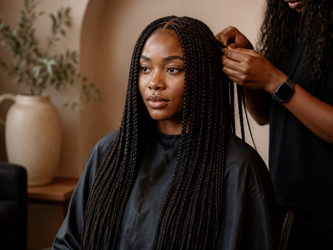 A long braiding appointment in progress