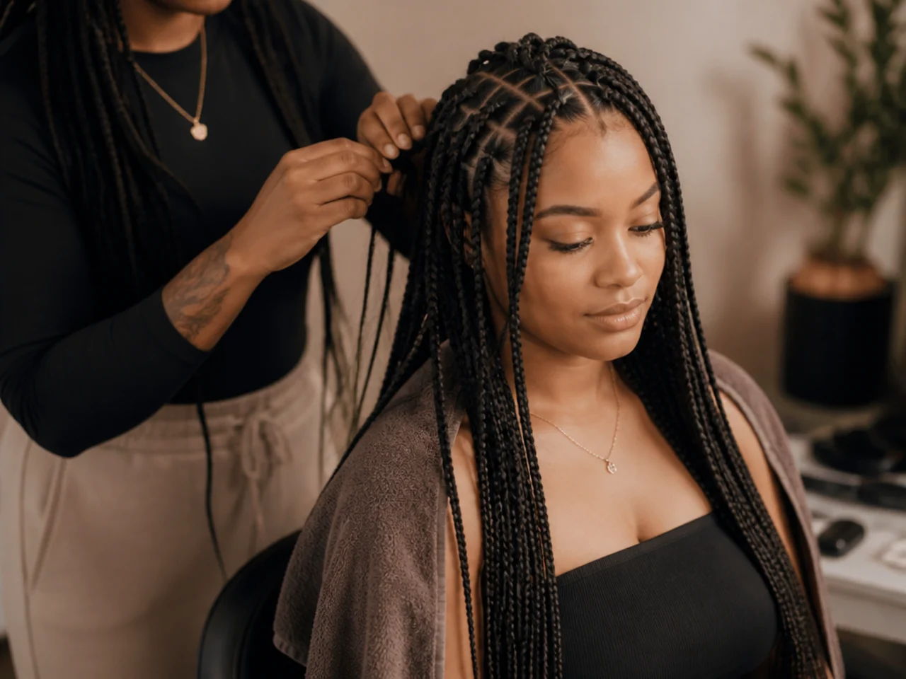 A braiding appointment in progress