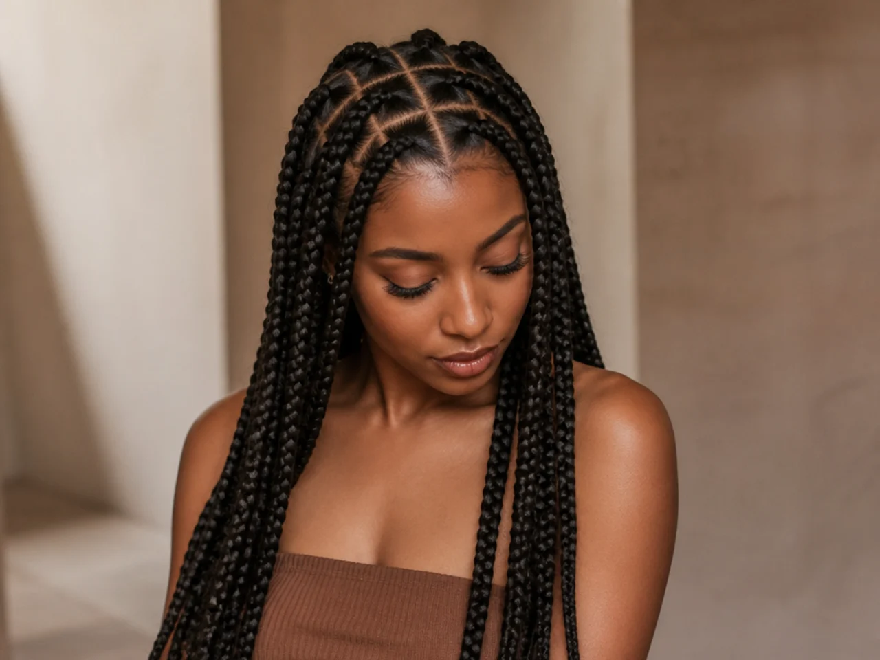 A visible parting grid on jumbo braids