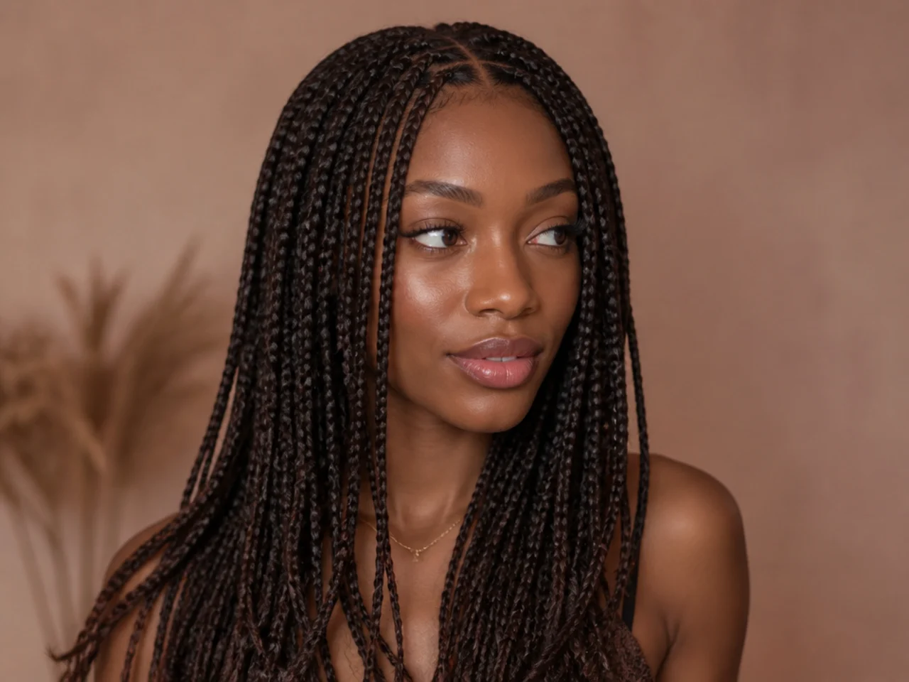 Three-quarter view of finished knotless braids