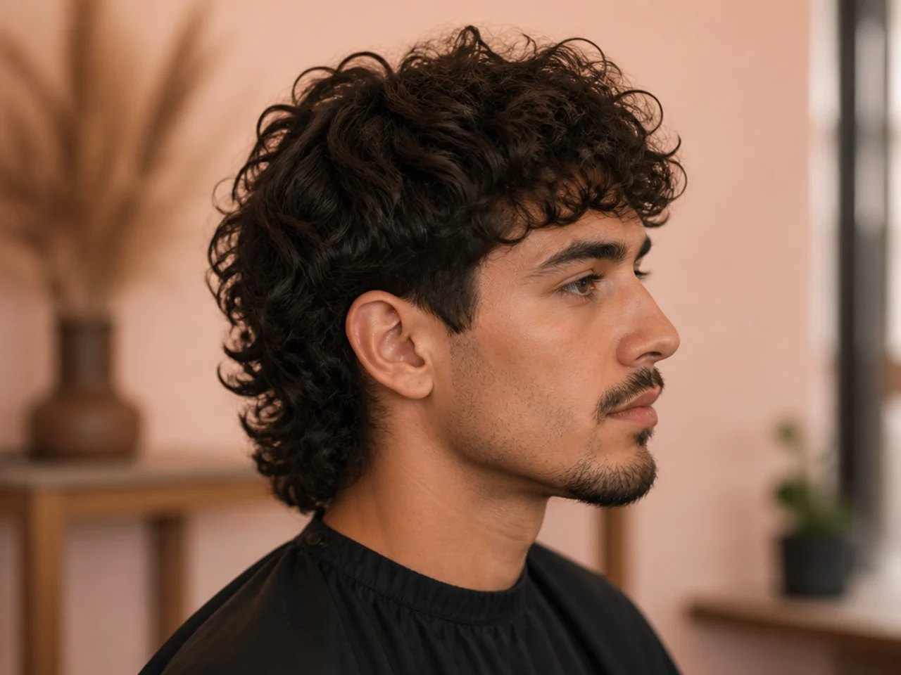 Stylist and curly-haired client reviewing curly mullet reference photos on a phone at the barbershop chair