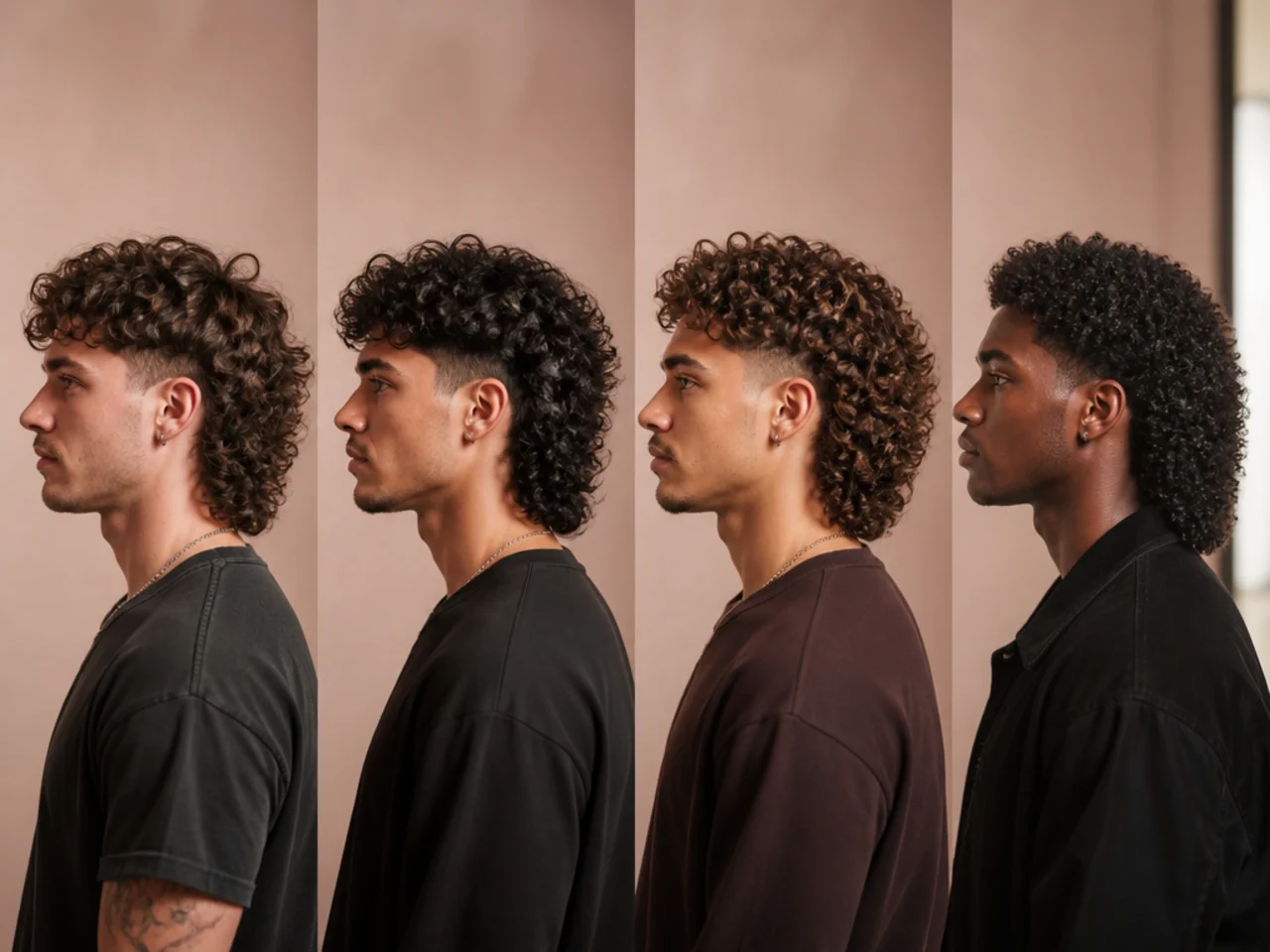 Comparison of the mullet on loose 3A curls, springy 3B corkscrews, and coily 4B patterns showing execution differences