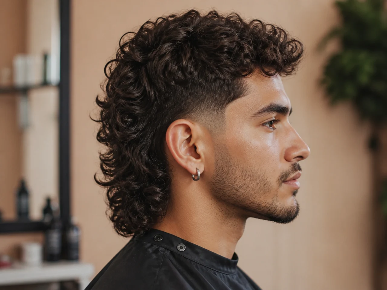 Close-up of a curly mullet showing how the corkscrew pattern breaks the visual line between short top and long back on 3B hair