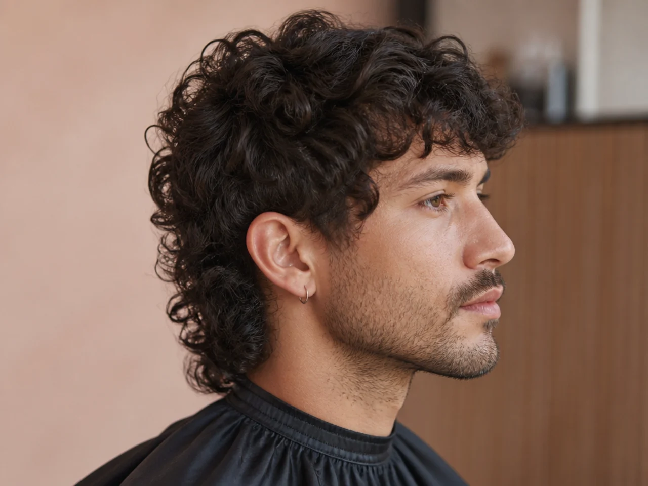 Rear view of a curly mullet showing defined coil separation through the back length rather than one flat curtain