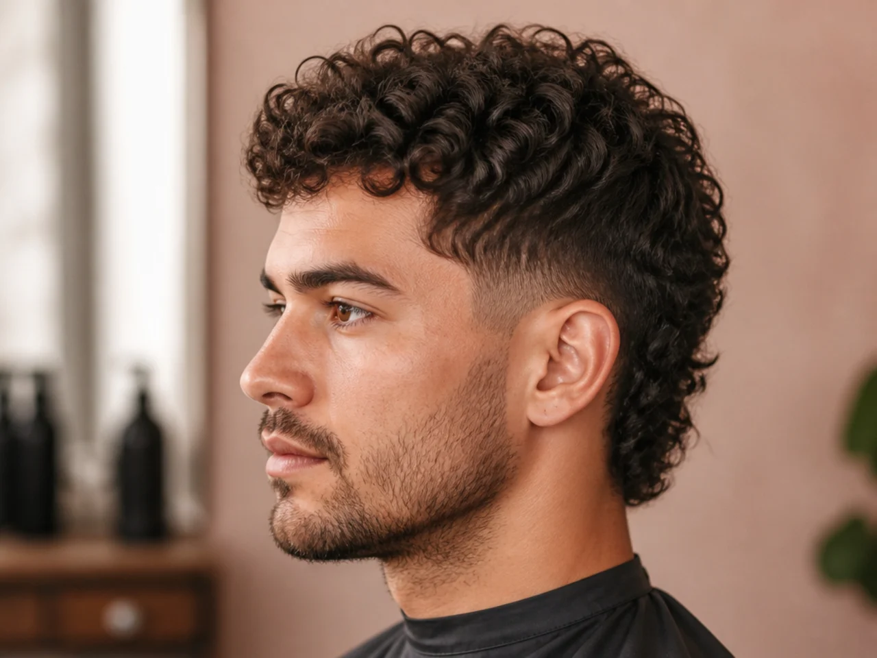 Three-quarter view of a curly mullet showing how short sides and controlled top volume balance the longer coil back drop