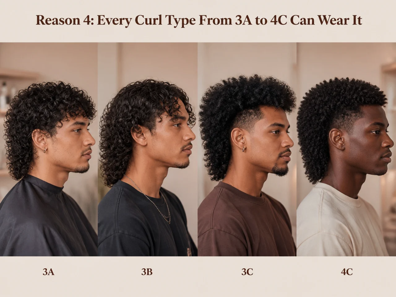 Grid showing the mullet on six curl types — 3A waves, 3B corkscrews, 3C spirals, and 4A through 4C coils