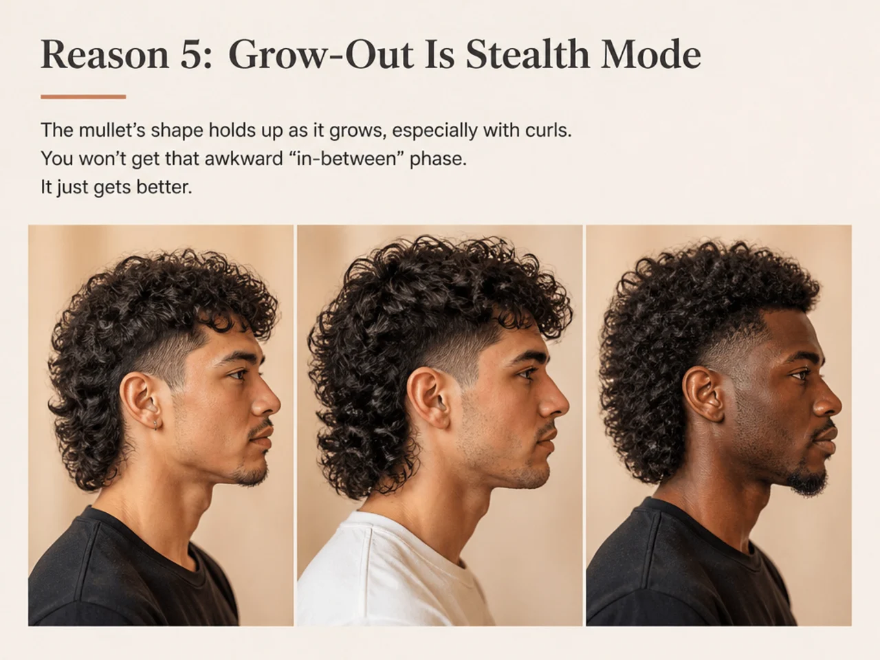 Curly mullet at eight weeks of grow-out showing preserved silhouette with softened blend at the crown on 3B hair