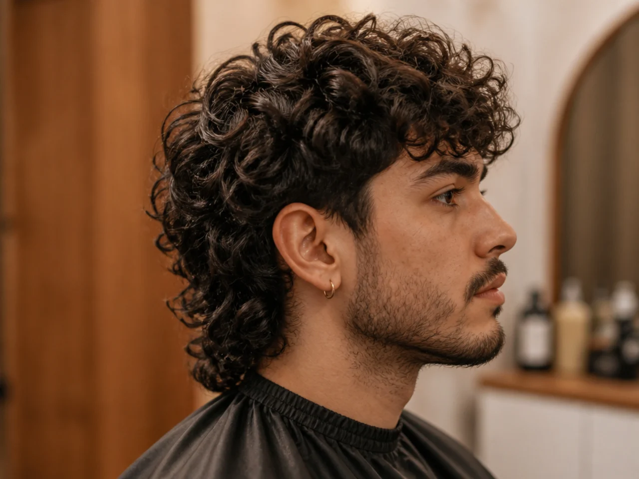 Overhead flat-lay of a curly mullet product routine — sulfate-free shampoo, leave-in conditioner, curl cream, defining gel, diffuser, satin bonnet