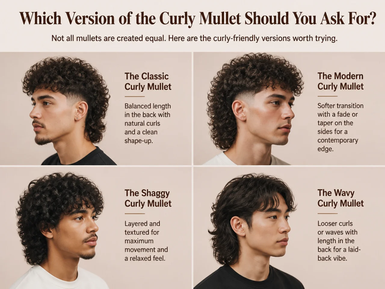 Stylist showing a curly-haired client three reference photos of curly mullet variations at the barbershop chair