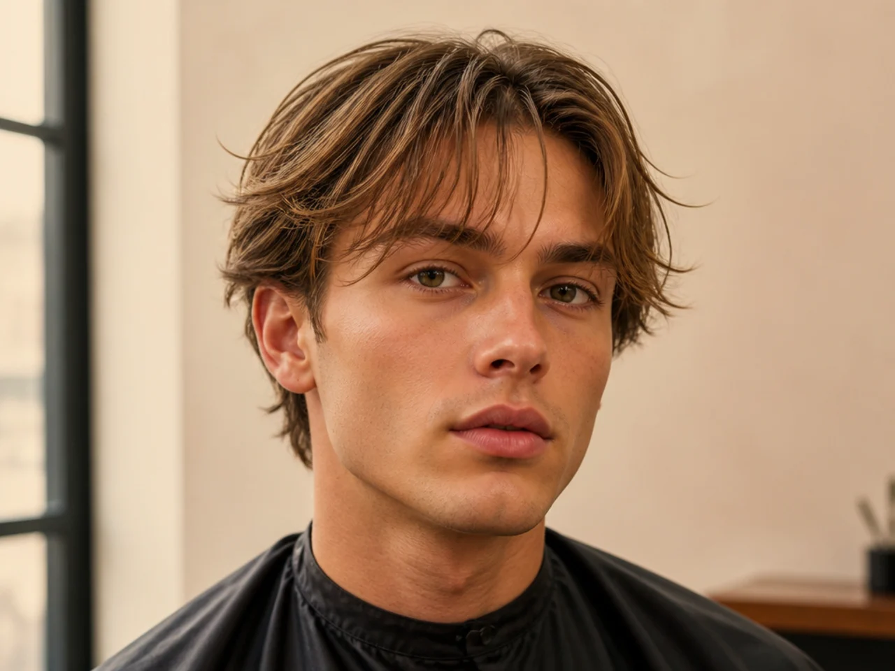 Airy wispy curtain bangs on a diamond-faced young man with fine light-brown hair — razor-thinned panels with visible forehead spread between the strands