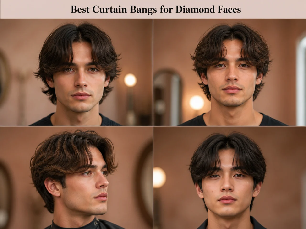 Diamond-faced young man wearing airy wispy curtain bangs — thin see-through panels widening the narrow forehead area