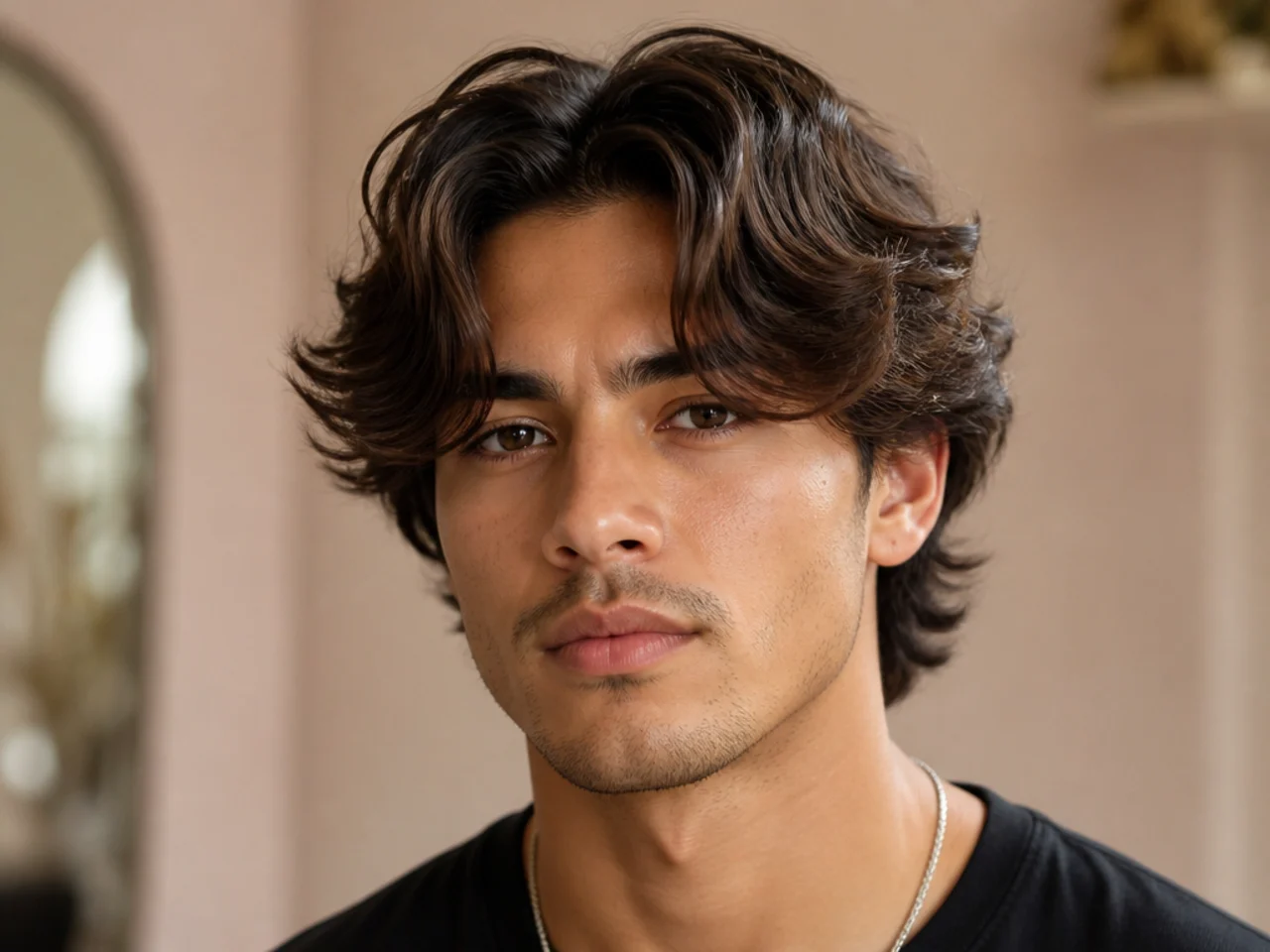 Heart-faced young man wearing full cheek-grazing curtain bangs adding width at the mid-face to balance a wider forehead and narrower chin