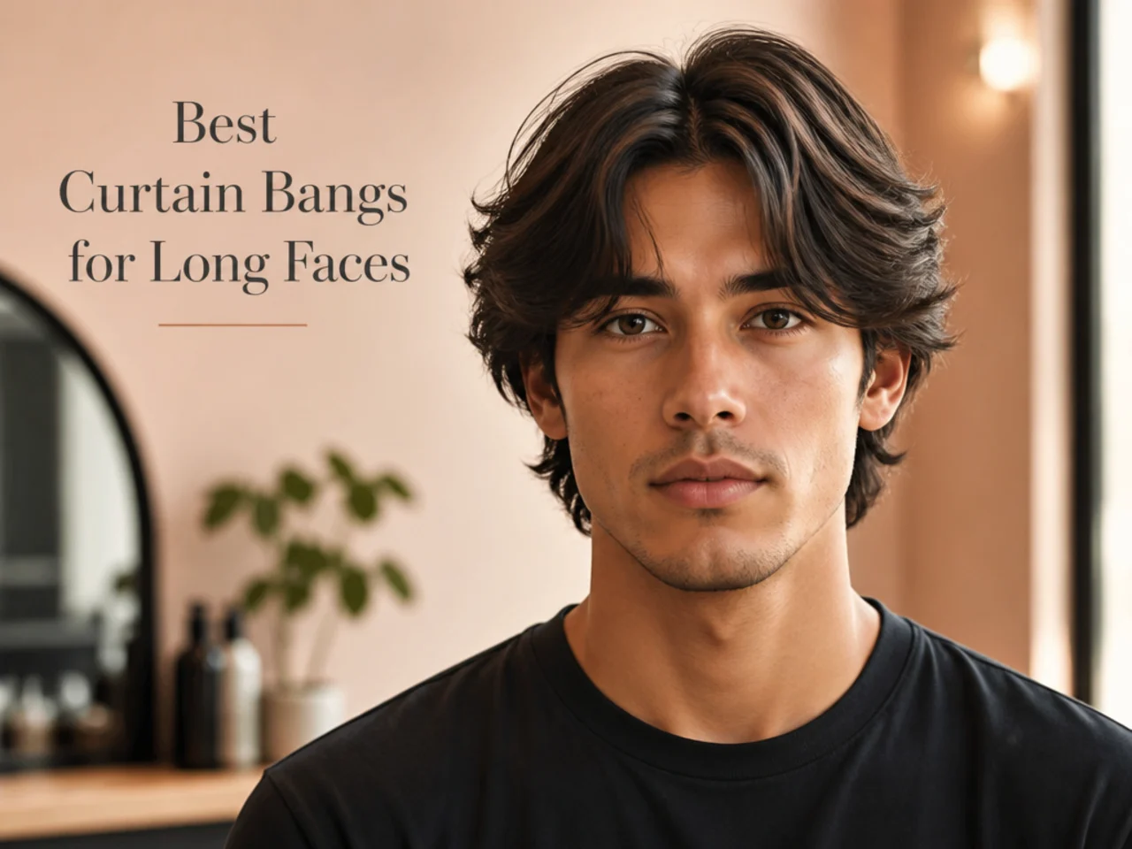 Long-faced young man wearing full-density curtain bangs — dense edge-to-edge fringe covering the forehead to shorten visible face length