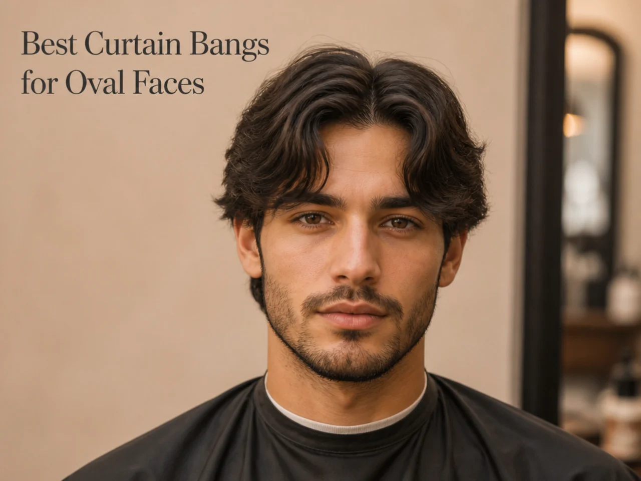 Oval-faced young man wearing four-inch center-parted curtain bangs with clean scissor-blended sides